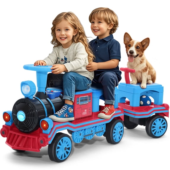 JOYLDIAS 12V 2 Seater Toy Ride on Train with Detachable Carriage, Music, Train Honk, Lights, High/Low Speed and Storage, Blue