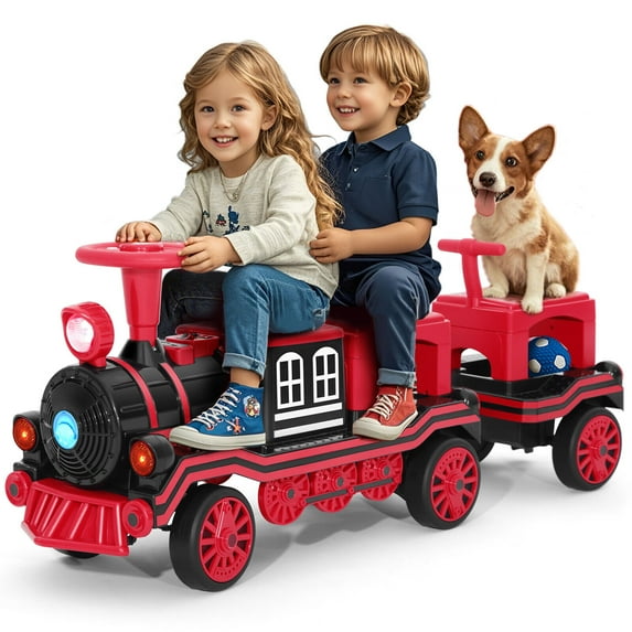 JOYLDIAS 12V 2 Seater Toy Ride on Train with Detachable Carriage, Music, Train Honk, Lights, High/Low Speed and Storage, Red