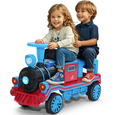 JOYLDIAS 12V 2 Seater Toy Ride on Train with Music, Train Honk, Lights, High/Low Speed and Storage, Blue