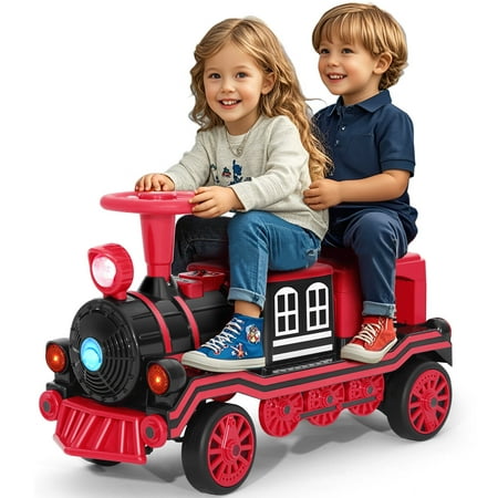 JOYLDIAS 12V 2 Seater Toy Ride on Train with Music, Train Honk, Lights, High/Low Speed and Storage, Red