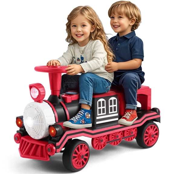 JOYLDIAS 12V 2 Seater Toy Ride on Train with Music, Train Honk, Lights, High/Low Speed and Storage, Red