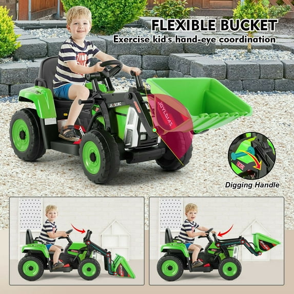 JOYLDIAS 12V Battery Kids Ride On Excavator Electric Digger 3 Speeds w/Remote Control, Bluetooth, Music, LED Lights (Green)