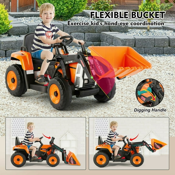 JOYLDIAS 12V Battery Kids Ride On Excavator Electric Digger 3 Speeds w/Remote Control, Bluetooth, Music, LED Lights (Orange)
