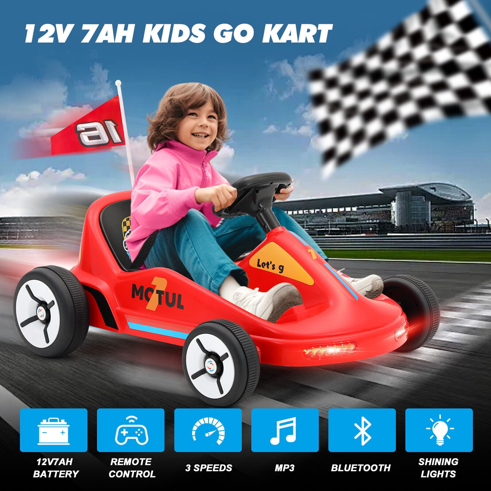 JOYLDIAS 12V Battery Powered Kids Ride On Car Electric Go Kart Gift 3 Speeds Music Lights w/Remote Control(Red)