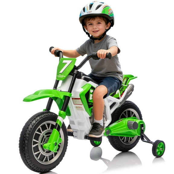 JOYLDIAS 12V Green Ride On Motorcycle Dirt Bikes for Kids with Training Wheels, Spring Suspension