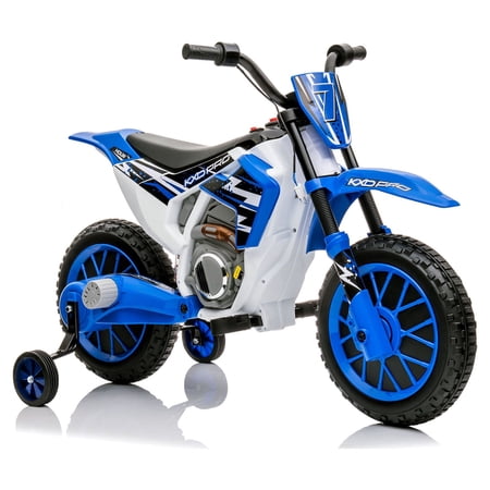 JOYLDIAS 12V Ride On Motorcycle Dirt Bike for Kids with Training Wheels, Spring Suspension, Blue