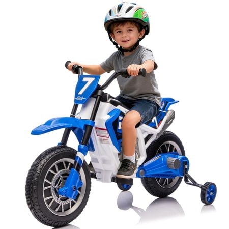 JOYLDIAS 12V Ride On Motorcycle Dirt Bike for Kids with Training Wheels, Spring Suspension, Blue