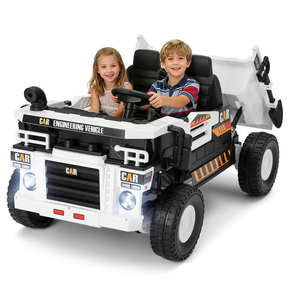 JOYLDIAS 24V Powered Ride on Dump Truck Construction Vehicles with 2 Seaters, Electric Dump Bed, 4 Engines, 3 Speeds, Shovel, Remote Control, Music, Bluetooth (White)