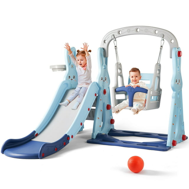 JOYLDIAS 4 in 1 Toddler Slide and Swing Set Kids Children Playset with Safety Belt, Basketball Hoop, Ball (Blue)