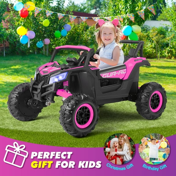 JOYLDIAS 4WD Ride on Car 12V Battery Powered Electric Off-Road UTV for Kids, 4X4 Electric Vehicle with 4 Powerful Engines, 2.4G Remote Control, Music, Bluetooth, LED Lights (Pink)