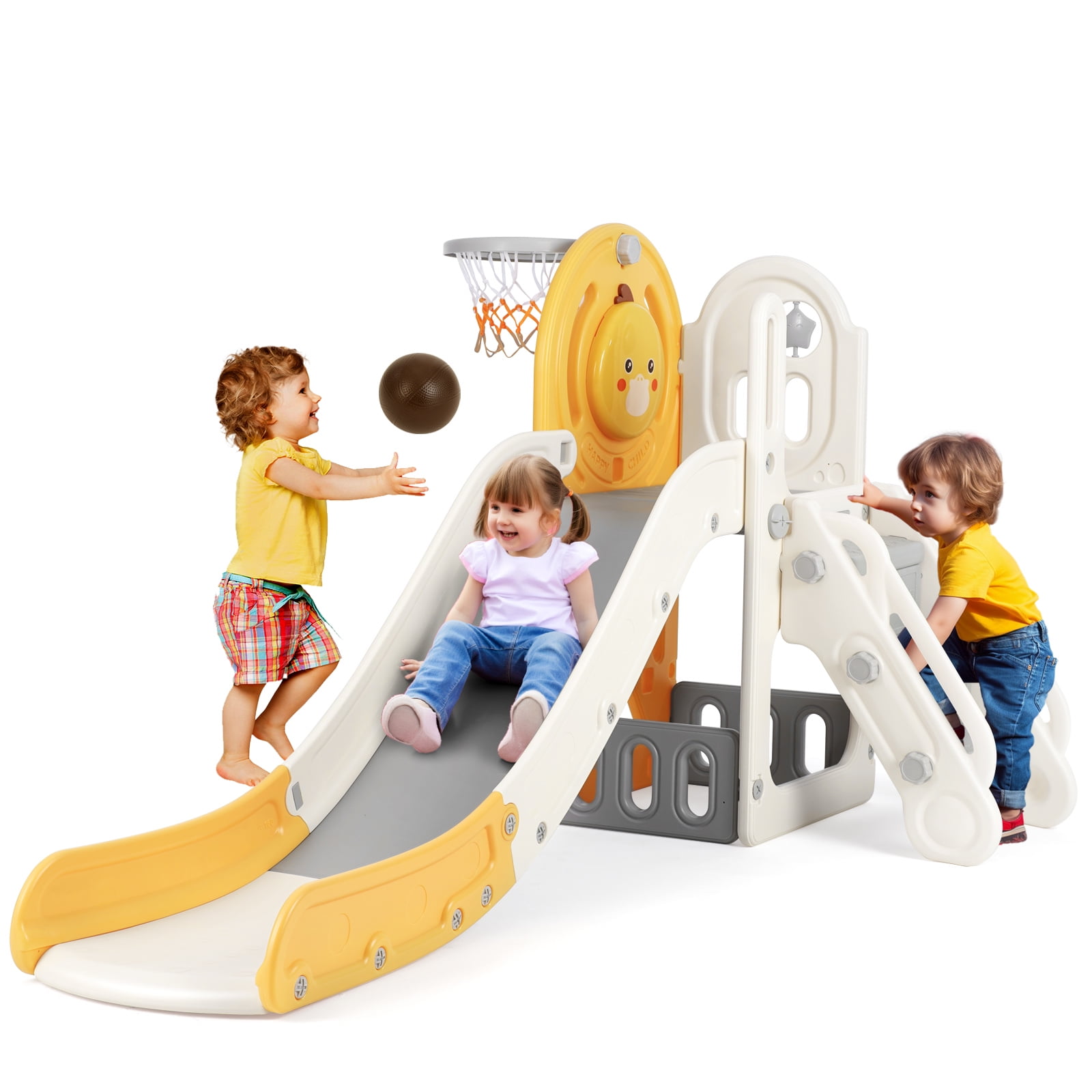 JOYLDIAS 5 in 1 Kids Toddler LShaped Slide with Basketball Hoop