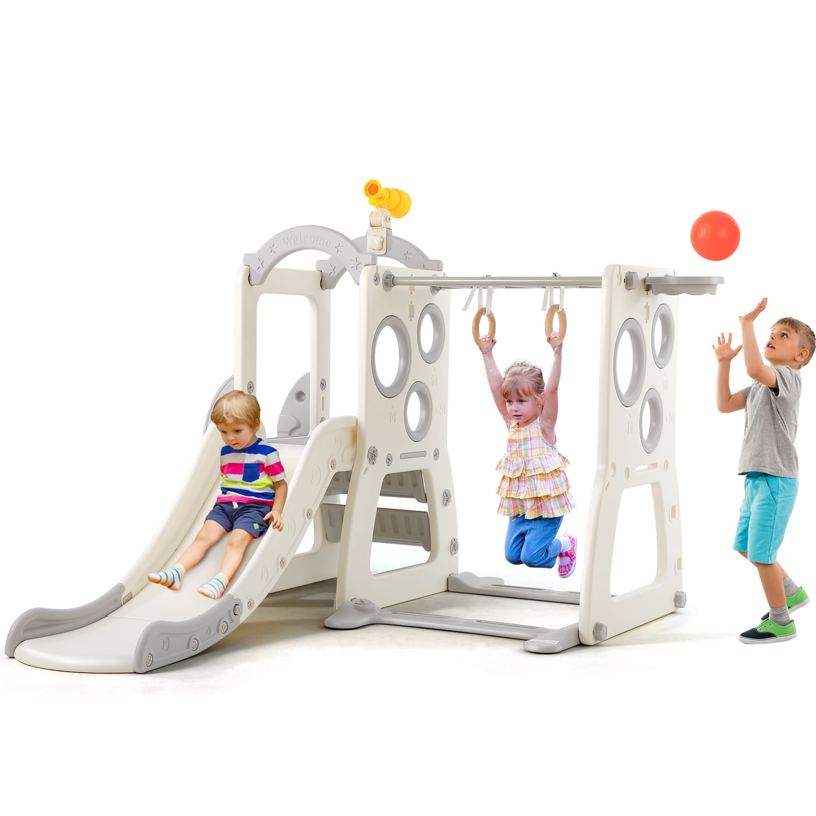 JOYLDIAS 6 in 1 Toddler Slide Playground Set with Basketball Hoop