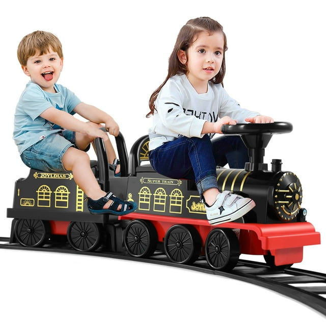 JOYLDIAS 6V Electric Ride on Train for Kids with Curved Tracks, Songs, Stories, Lights, Horns, Storage and Foot Pedals, Black