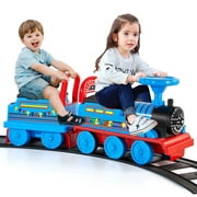 JOYLDIAS 6V Electric Ride on Train for Kids with Curved Tracks, Songs, Stories, Lights, Horns, Storage and Foot Pedals, Blue