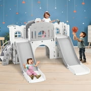 JOYLDIAS 9 in 1 Toddler Double Slide Climber Kids Playset w/Basketball Hoop,Telescope,Non-Slip Steps,Playground Backyard Indoor Outdoor ToysGray & White
