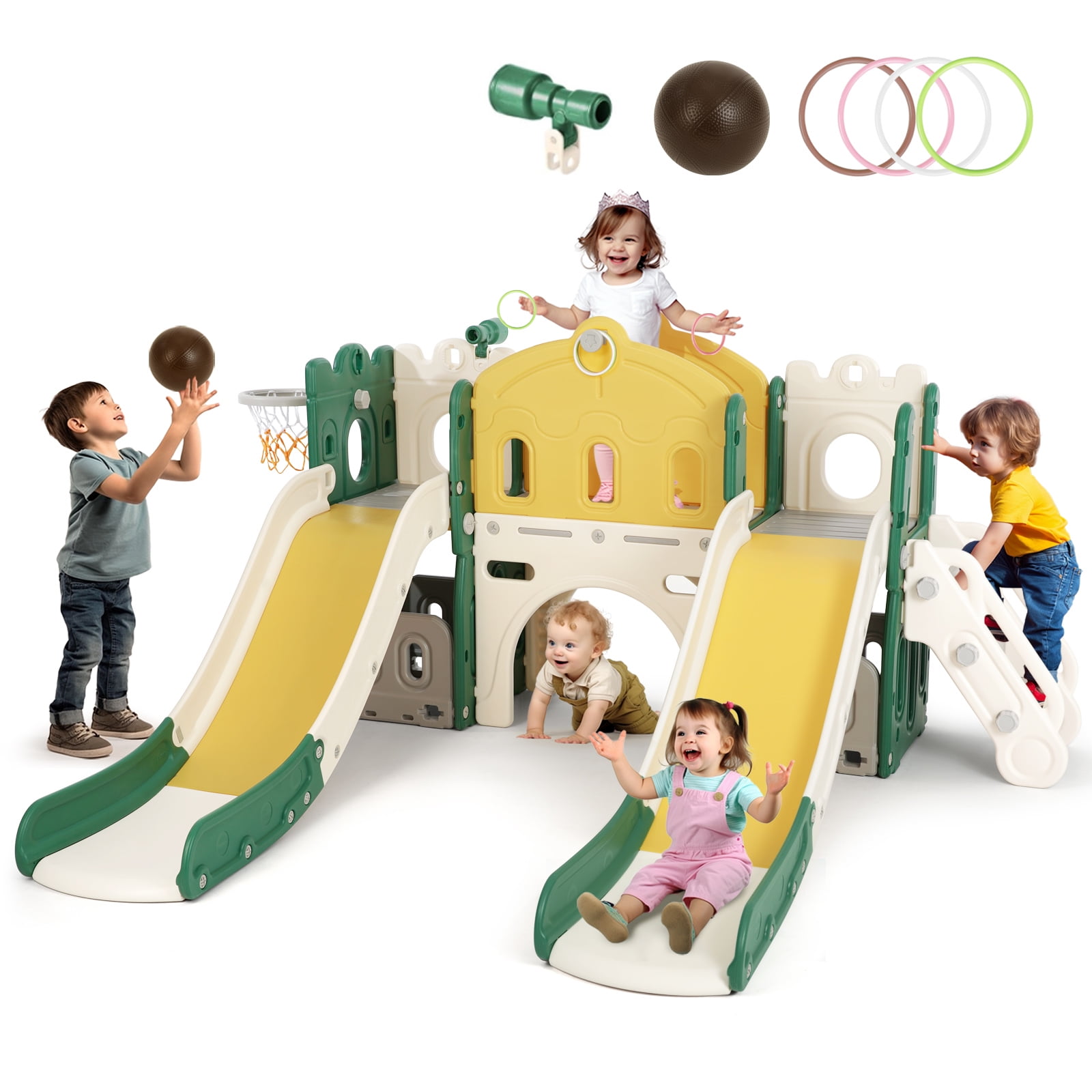 JOYLDIAS 10 in 1 Toddler Double Slides Kids Playset with Climber