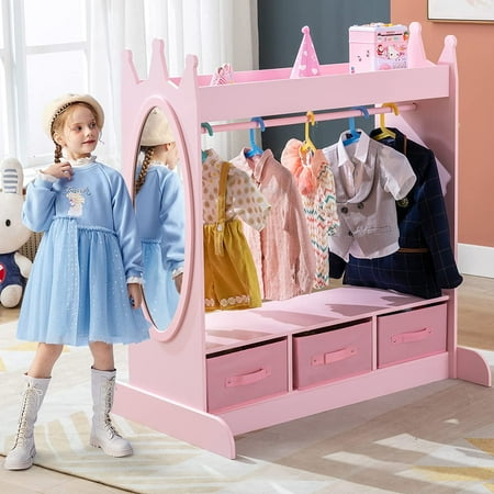JOYLDIAS Dress Up Storage Kids Girls Armoire Closet w/ Mirror, Side Pocket, Storage (Pink)
