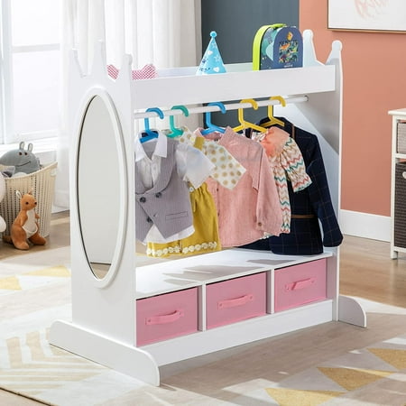 JOYLDIAS Dress up Storage Kids Girls Armoire Closet with Mirror, Side Pocket, Storage (White)