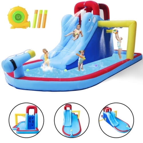 JOYLDIAS Kids Inflatable Bounce House Water Slide Backyard Splash Pool w/Blower,Water Guns