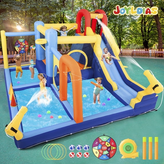 JOYLDIAS Inflatable Water Slide Kids Water Park Bounce House,Splash Pool,Climbing Wall,Trampoline w/550W Air Blower
