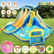 JOYLDIAS Inflatable 3 Water Slides Bounce House Castle Playhouse with Splash Pool, Climbing Wall, Felt Ball Target, Ring Toss Game, Goal, 550W Air Blower
