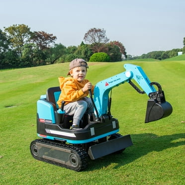 JOYLDIAS Kids 12V Electric 360 Degree Rotating Ride On Excavator and Bulldozer with Track Design Wheels, Remote Control, MP3, Toolbox (Blue)