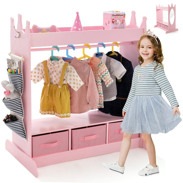 JOYLDIAS Kids Armoire Pretend Dress-Up Storage Openning Hanging Closet  Wardrobe Girls Bedroom Furniture with Mirror, 3 Drawers, Side Pocket(Pink)  