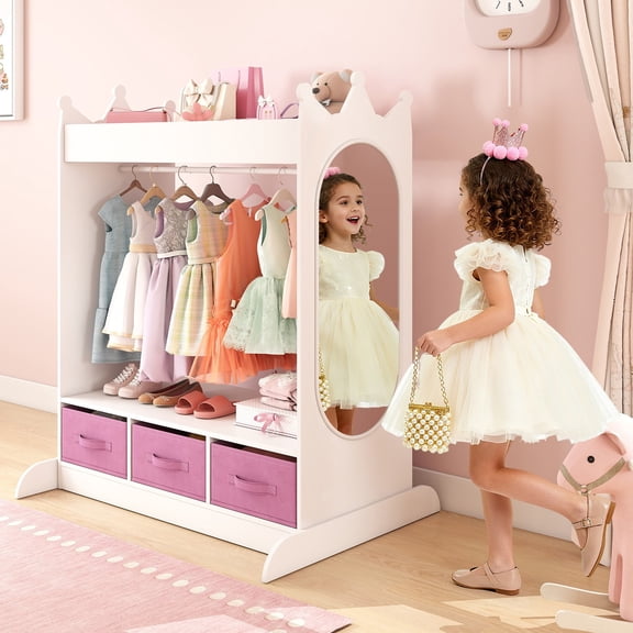 JOYLDIAS Kids Armoire Pretend Dress-Up Storage Openning Hanging Closet Wardrobe Girls Bedroom Furniture with Mirror, 3 Drawers(White)