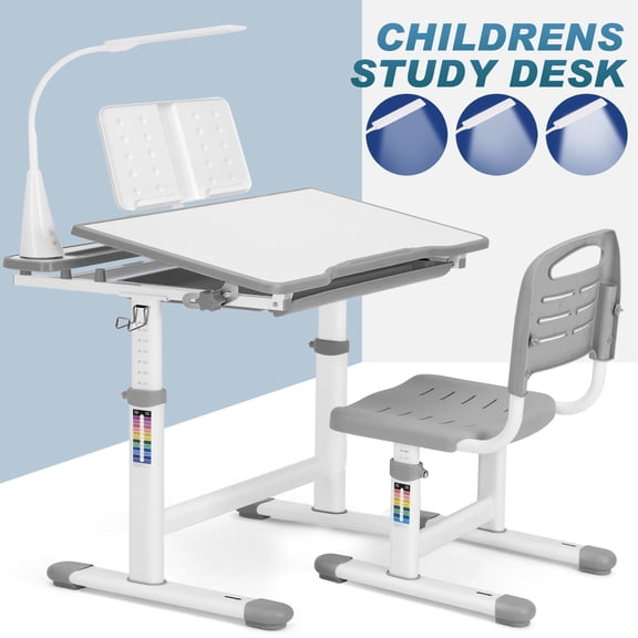 JOYLDIAS Kids Desk and Chair Set, Height Adjustable Children's Study Desk with Tilt Desktop, LED Light, Metal Hook, Storage, Drawer (Gray)