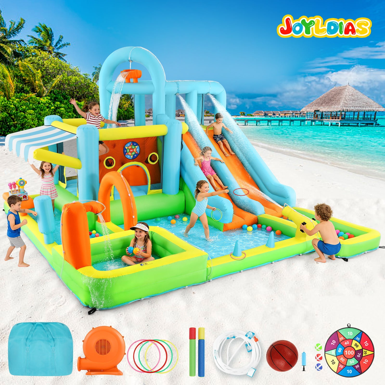 JOYLDIAS Kids Inflatable Water Slides Giant Park Bounce House Castle with Trampoline, Ring Toss Game, Splash Area, Climbing Wall, Basketball Hoop, Water Guns, Felt Ball Target, Air Blower