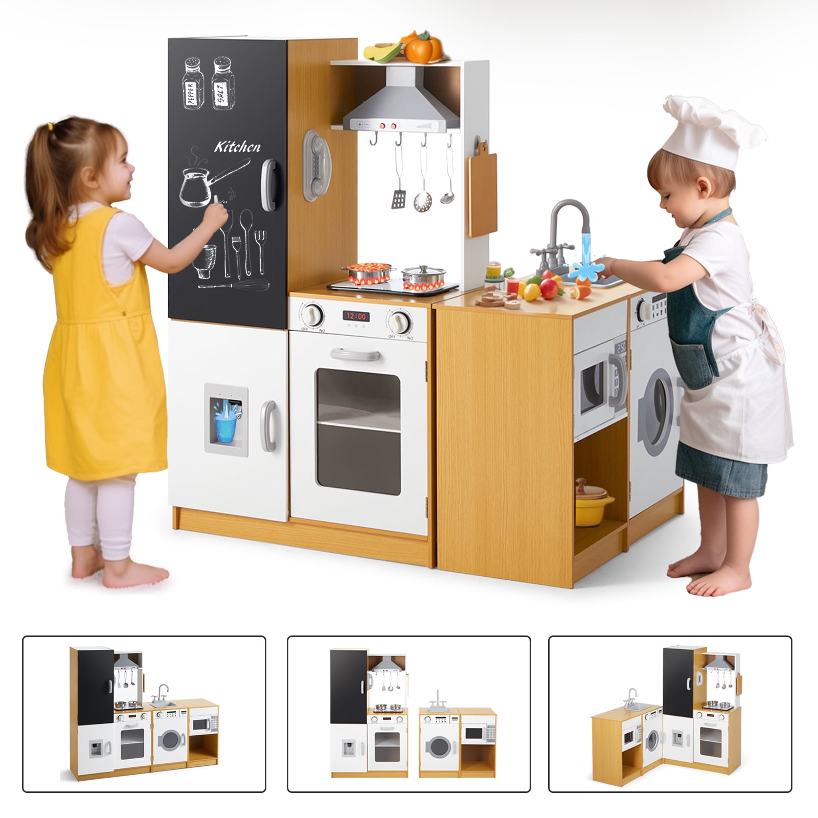 JOYLDIAS Kids Modular Pretend Play Kitchens Playset Wooden Cooking Toys