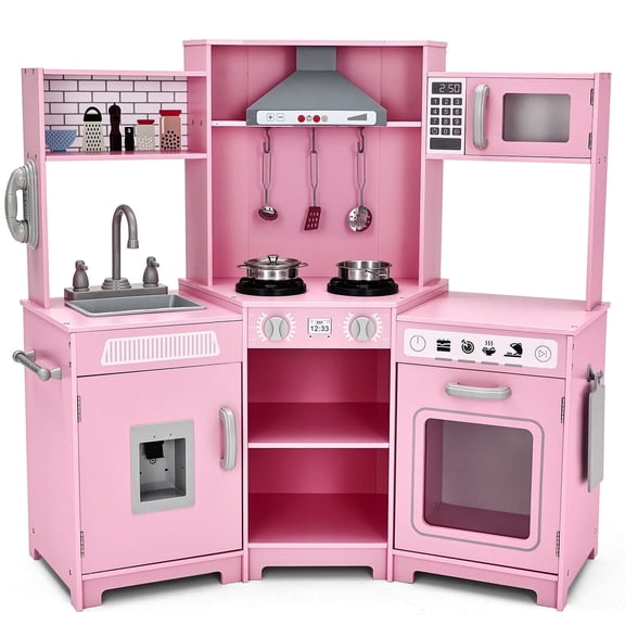 JOYLDIAS Kids Play Kitchen Corner Wooden Pretend Toddler Toys Playset Gift with Realistic Lights & Sounds, Microwave Oven, Water Dispenser, Phone, Sink, Cooking Accessories(Pink)