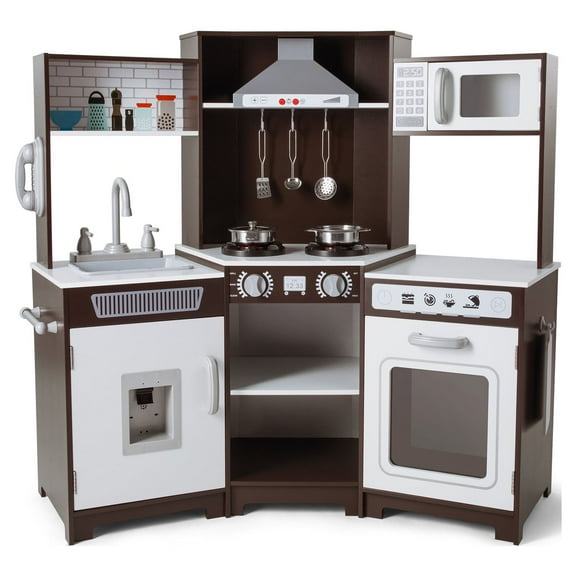 JOYLDIAS Kids Play Kitchen Corner Wooden Pretend Toddler Toys Playset Gift with Realistic Lights & Sounds, Microwave Oven, Water Dispenser, Phone, Sink, Cooking Accessories