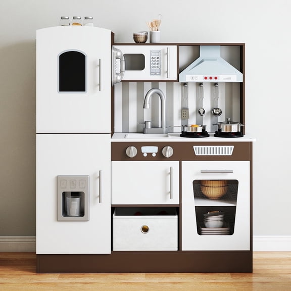 JOYLDIAS Kids Play Kitchen Set Pretend Wooden Kid Kitchen Toy with Sound, Light, Oven, Ice Maker, Blackboard & Toy Storage Box, Kitchen Accessories