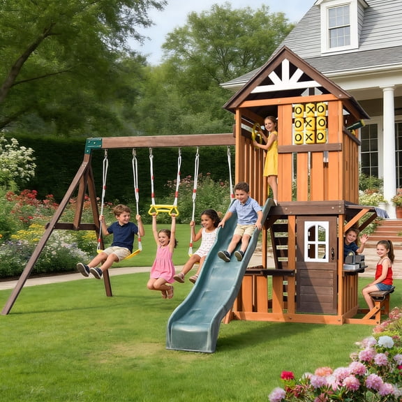 JOYLDIAS Outdoor Wood Playhouse Set for Backyard with Wave Slide, Rock Wall Ladder, Belt Swings, Toy Telescope, Steering Wheel, Tic-Tac-Toe
