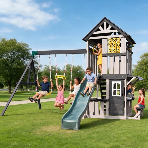 JOYLDIAS Outdoor Wooden Playhouse Set for Backyard with Wave Slide, Rock Wall Ladder, Belt Swings, Toy Telescope, Steering Wheel, Tic-Tac-Toe (Gray)