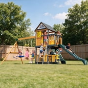 JOYLDIAS Outdoor Wooden Playset with 2 Slides, 3 Swings, Playhouse, Kitchen, Picnic Table, Basketball Hoop, Telescope & Tic-Tac-Toe