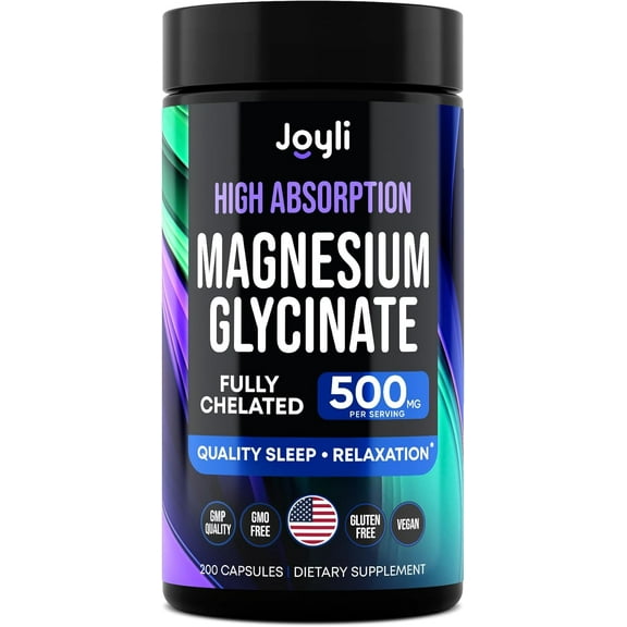 JOYLI High Absorption Magnesium Glycinate Capsules 500mg Chelated Magnesium Supplement for Better Sleep, 200 Count