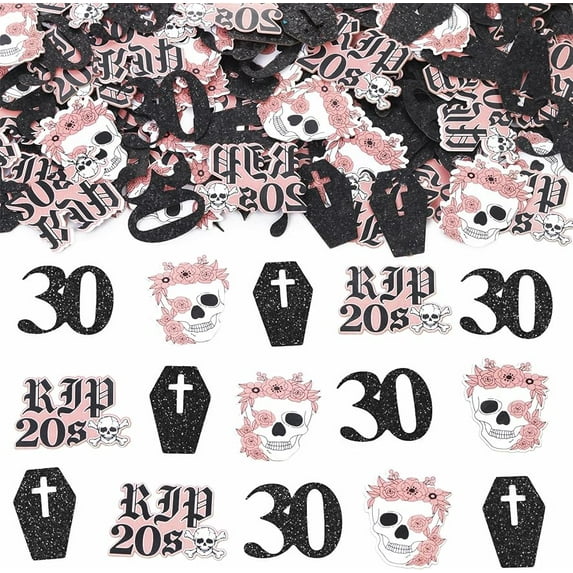 JOYMEMO 200 Pieces Rip to My 20s Confetti, Rose Gold and Black 30th Birthday Decorations for Her Women, Double Sided Death to My Twenties Confetti Scatter Table Decor, Funeral Themed Bday Party
