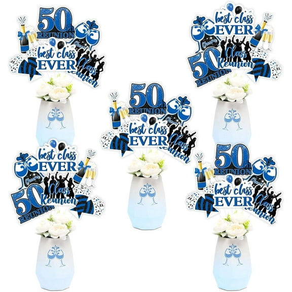 JOYMEMO 24 Pcs 50 Year Class Reunion Centerpiece Sticks Blue and Black - 50th School Class Reunion Decorations Table Centerpieces Double-sided for Class of 1975 High School Reunion Welcome Back Party