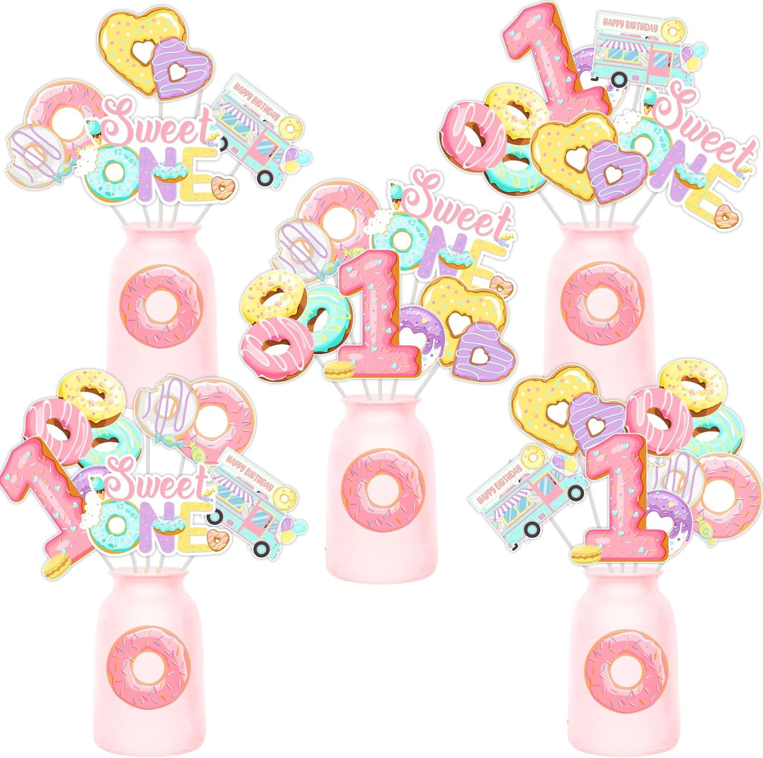Joymemo Donut 1st Birthday Theme Centerpiece Sticks, Multicolor