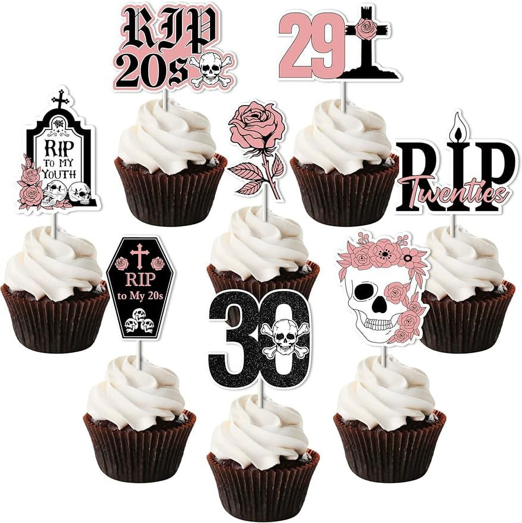 18 PCS Death To My 20s Cupcake Toppers - 30th Birthday Black Cake Decorations