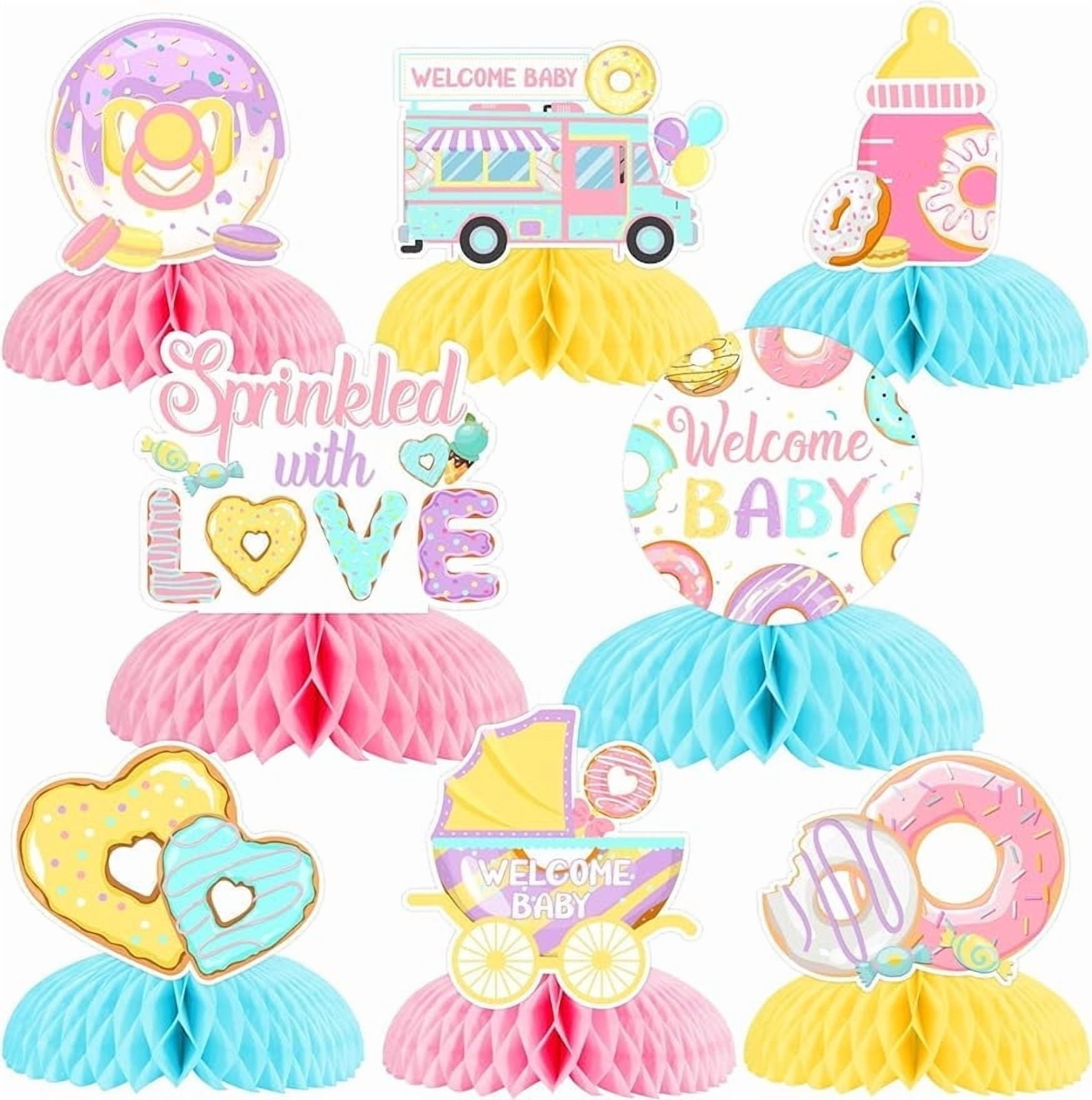 JOYMEMO 8 Pieces Donut Baby Shower Honeycomb Centerpieces - Sprinkle with Love Welcome Baby Party Table Decorations, Doughnut Theme Baby Shower Table Topper Signs for Girls