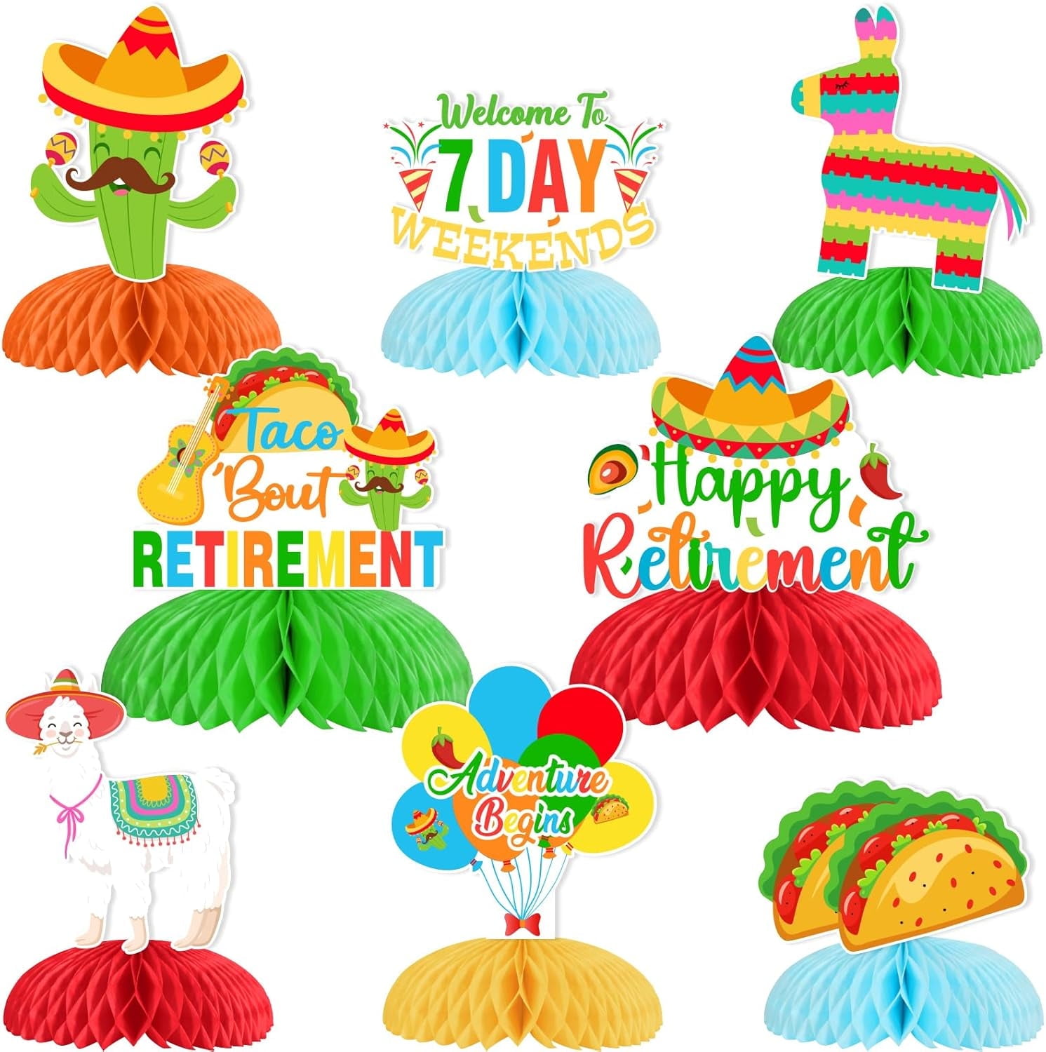 JOYMEMO 8 Pieces Taco Bout Retirement Honeycomb Centerpieces - Mexican Fiesta Retirement Decorations, New Adventure Begins Welcome To 7 Day Weekends Table Toppers, Happy Retirement Party Supplies