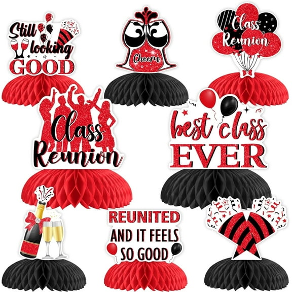 JOYMEMO 8Pcs Class Reunion Honeycomb Centerpieces Decorations Red Black- Best Class Ever Table Topper, Double Sided Welcome Back Table Decor for High School Reunion 20th 30th 40th 50th