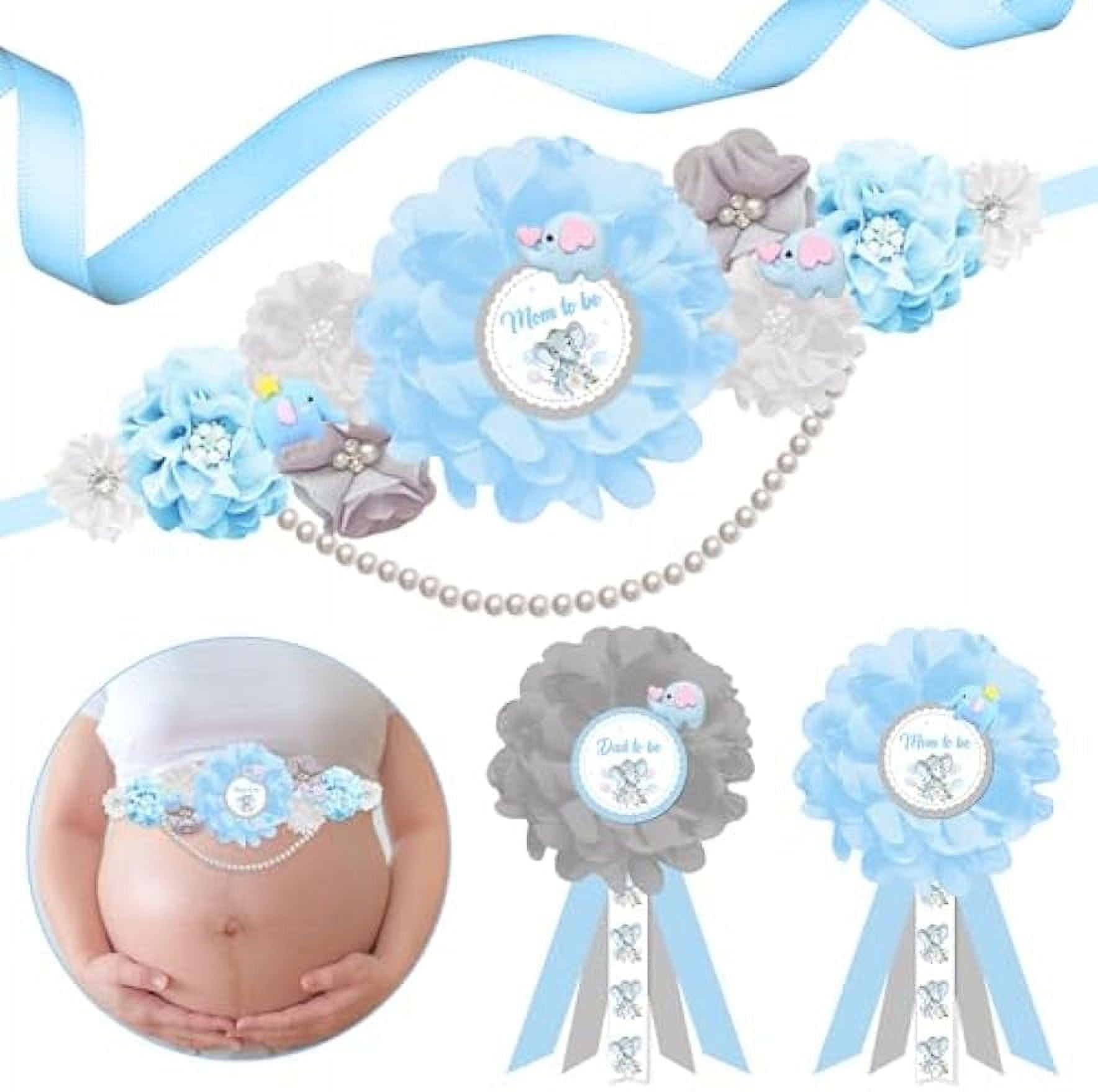 JOYMEMO Blue and Gray Elephant Baby Shower Maternity Sash Kit