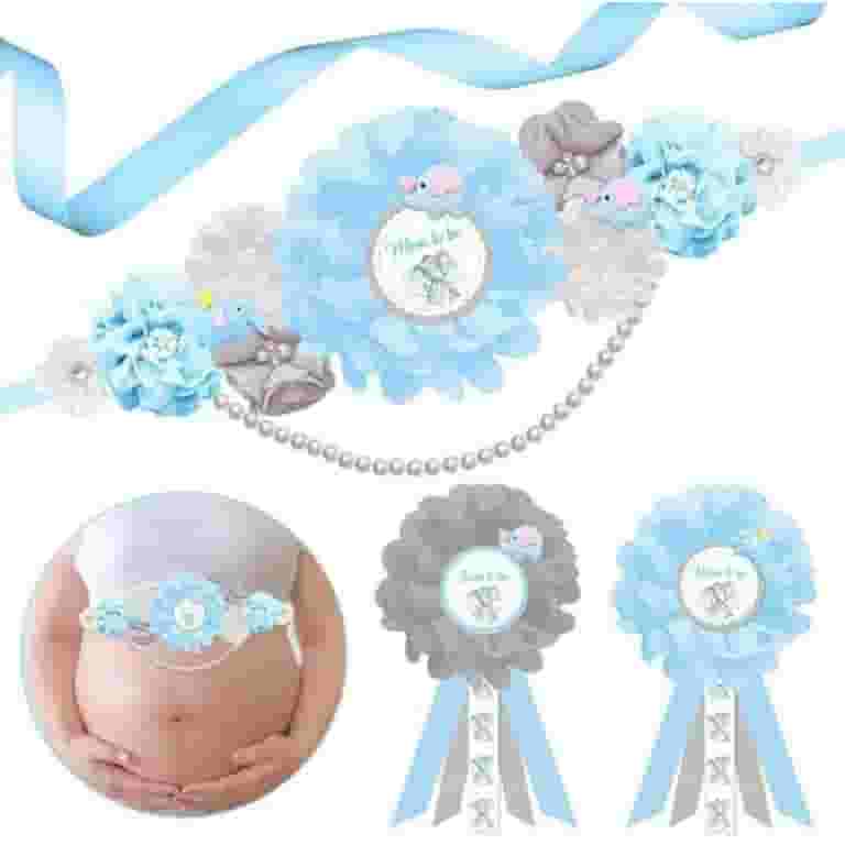 JOYMEMO Blue and Gray Elephant Baby Shower Maternity Sash Kit