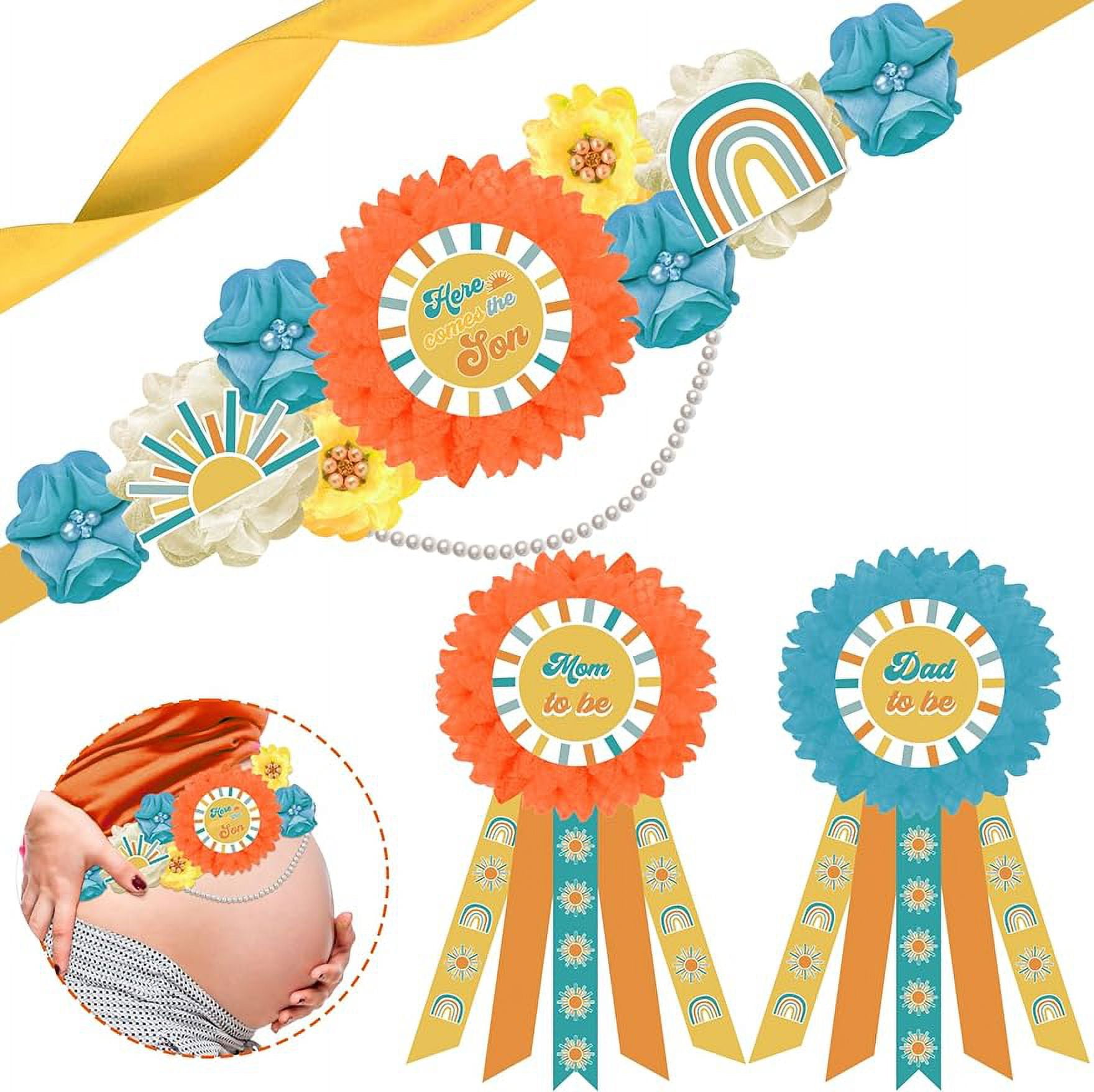 JOYMEMO Pink Daisy Baby Shower Sash & Corsage Set - Boho Floral Maternity Belt With Mom & Dad To Be Pins
