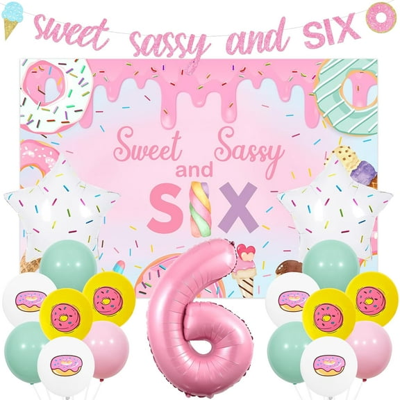 JOYMEMO Donut 6th Birthday Party Decorations for Girls - Sweet Sassy and Six Birthday Backdrop Banner Kit with Pastel Latex Balloons and Foil Balloons, Doughnut Ice Cream Candy Sweet 6th Birthday Part