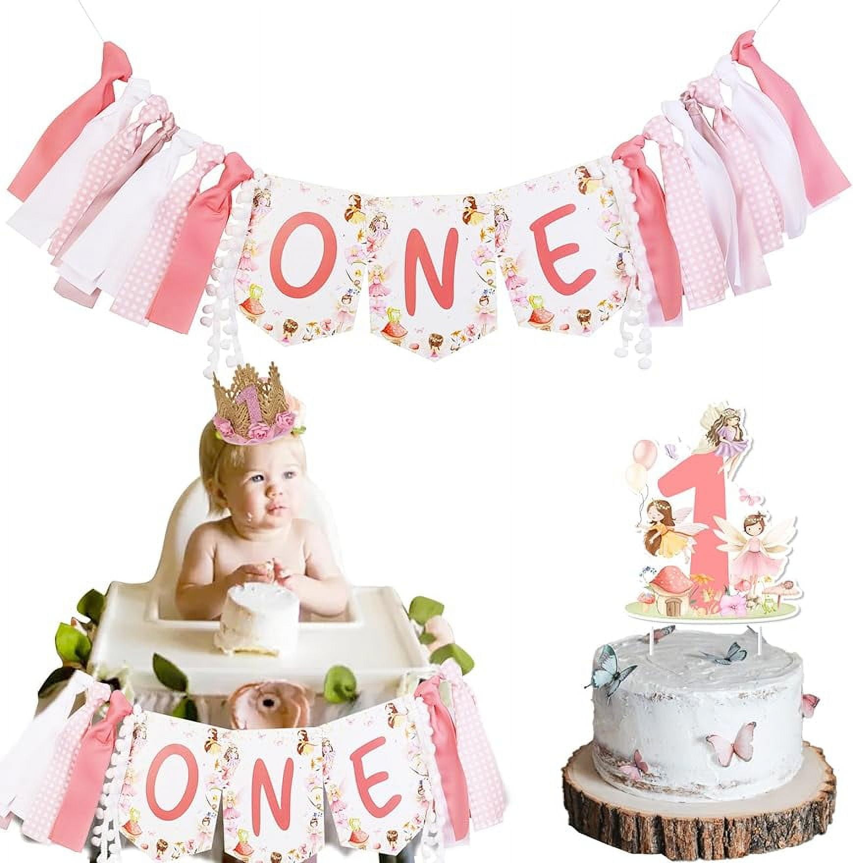 JOYMEMO Fairy 1st Birthday Party Decorations - Fairy One Highchair Banner 1st Birthday Girl, Fairy First Birthday Cake Topper with Crown Hat for Floral Fairy Birthday Party Supplies